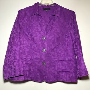 Jones Wear Purple Leaf Pattern Three Button Blazer Bracelet Length Sleeve